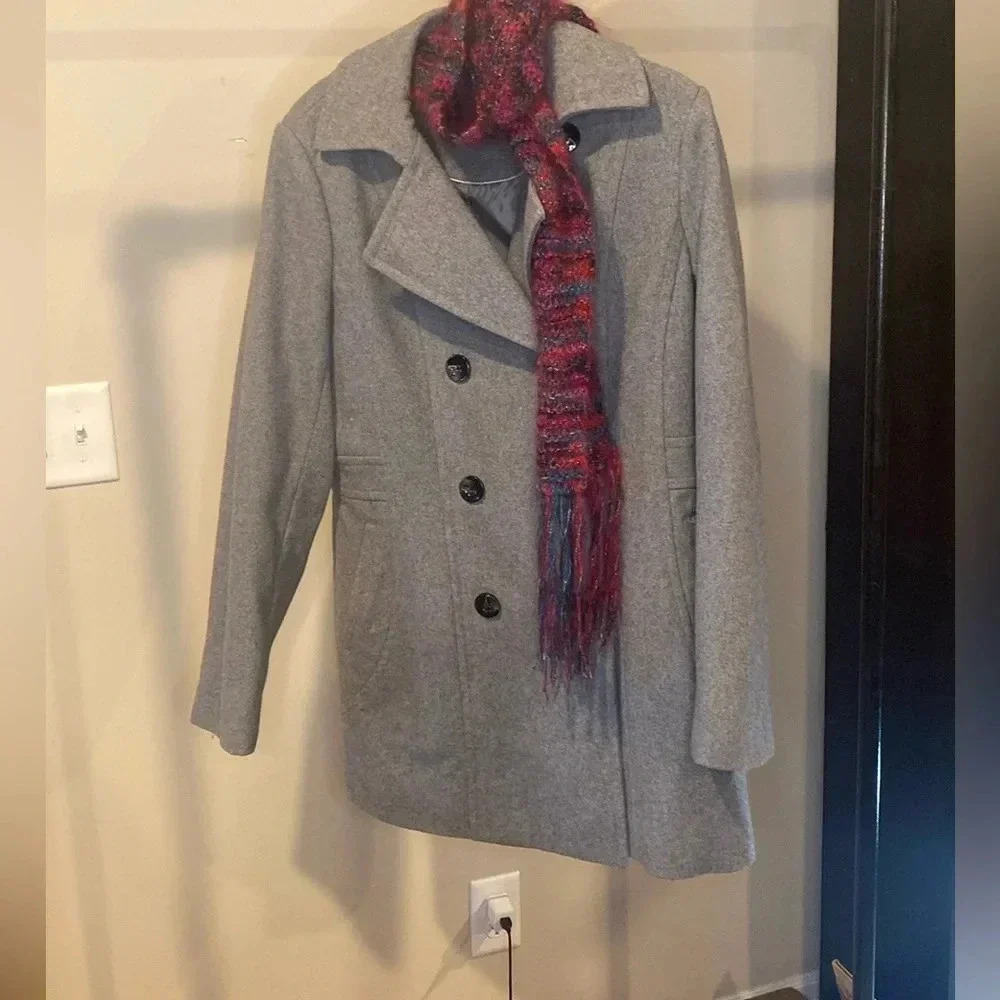 Preston & York Heather gray faux double breast peacoat with hood Optional hood